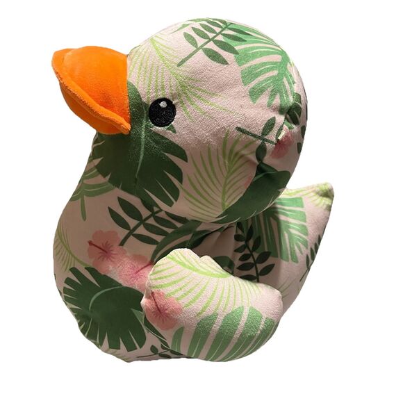 MTY International Light Pink Green Floral Tropical 14" Sitting Plush Duck Toy - Picture 1 of 7